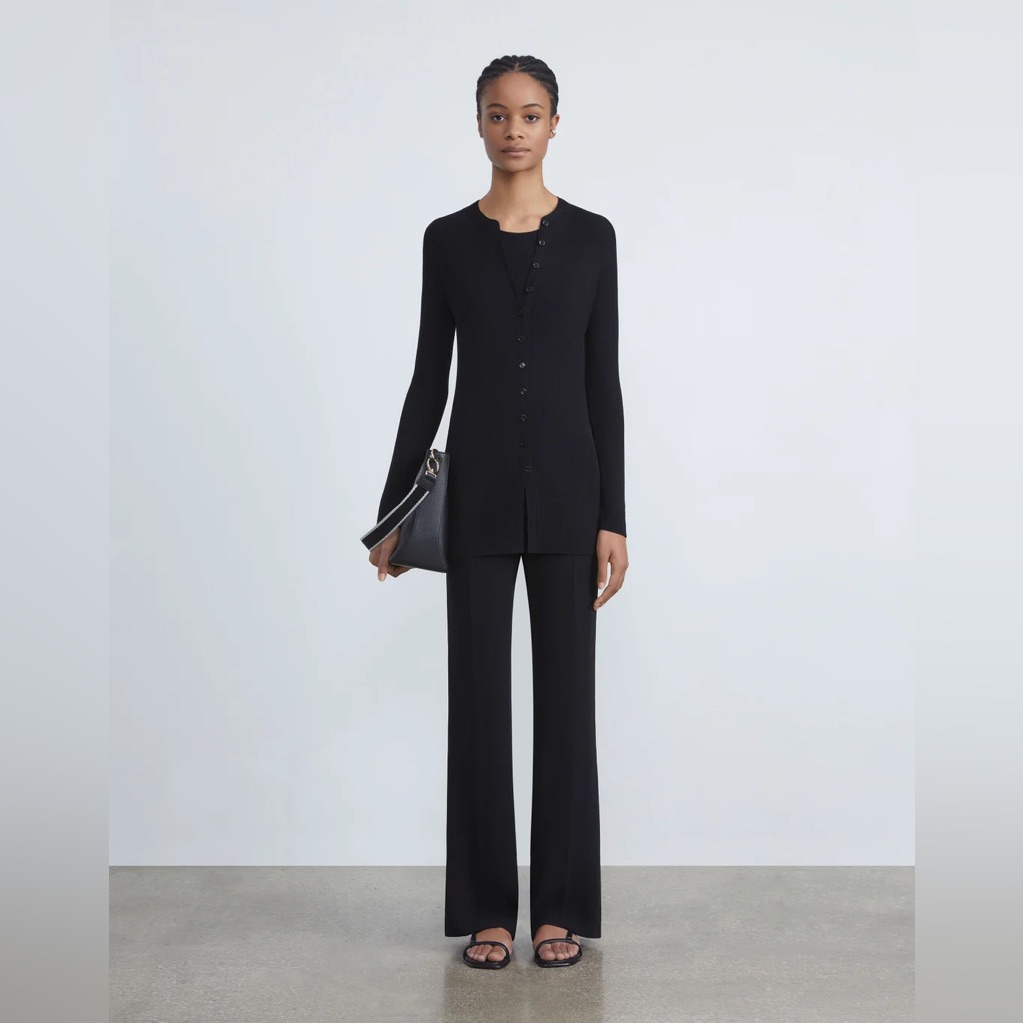 Lafayette 148 Finespun Voile Ribbed Long Cardigan + Cap Sleeve Top 2x Black